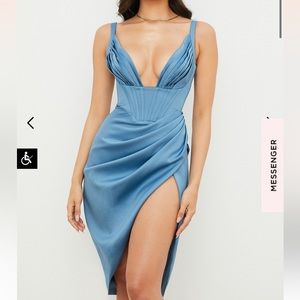 House of CB Faye Blue Satin Corset Midi Dress